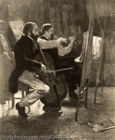 The Studio
In an artist's studio, a cellist and a violinist are seen practicing, their sheet music resting on easels in front of them. A piece of sheet music bearing the title W. A. Mozart rests on the floor nearby. Behind the musicians, paintings are propped up against the walls.
Artist: Homer, Winslow, 1836-1910, painter.
Medium: Oil on canvas.
Smithsonian Control Number: IAP 36120444