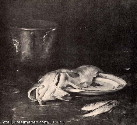 An English Cod
Still life depicting a filleted cod fish draped across a ceramic plate, with two small fish resting nearby on the tabletop. In the background there is silver bucket.
Artist: Chase, William Merritt, 1849-1916, painter.
Medium: Oil on canvas.
Smithsonian Control Number: IAP 08260252
