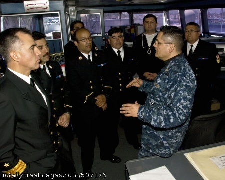 101122-N-6724S-010
CONCEPCION, Chile (Nov. 22, 2010) Chief Hospital Corpsman Carlos Enriques guides Chilean navy medical corps personnel on a tour of High Speed Vessel Swift (HSV 2). Enriques and three other U.S. Navy medical corps personnel are conducting a five-day subject matter expert exchange with 19 counterparts from Chile as part of Southern Partnership Station 2011. (U.S. Navy photo by Chief Mass Communication Specialist Aaron Strickland/Released) 
