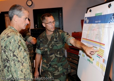 100918-N-6357K-007
ROTA, Spain (Sept. 18, 2010) Lt. John Meyer, assigned to Naval Mobile Construction Battalion (NMCB) 7, briefs Rear Adm. Michael Tillotson, commander of Navy Expedition Combat Command, on the battalion's Scaleable Modular Agile Responsive Table of Allowance (SMART) P25, non-Civil Engineering Support Equipment (CESE) assets, maintained within the battalion's supply yard. NMCB-7 and its detachments are deployed to the U.S. 6th Fleet area of responsibility to provide construction and engineering support. (U.S. Navy photo by Chief Mass Communication Specialist Yan Kennon/Released) 